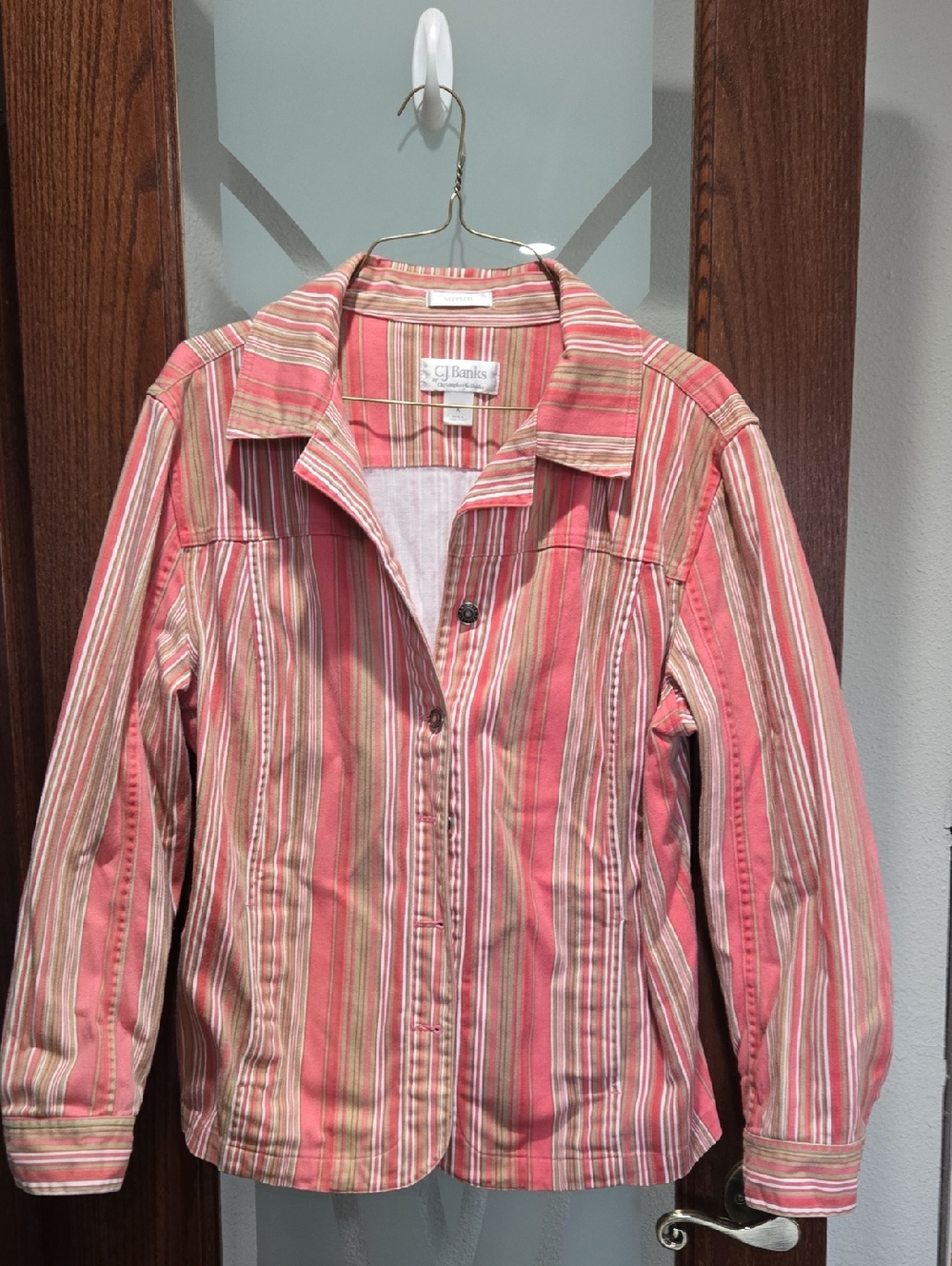 CJ Banks Pink and Cream Striped Button-Front Shirt Jacket